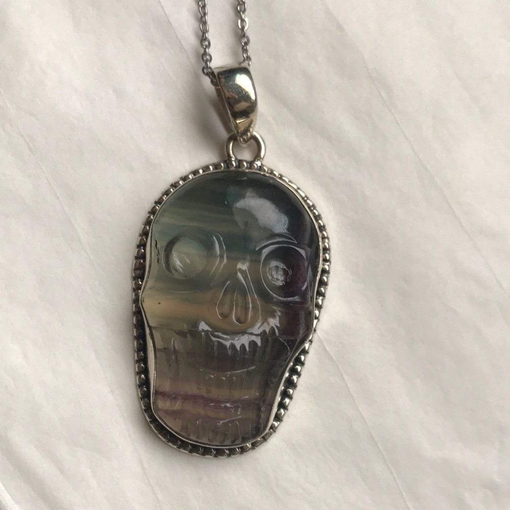 Rainbow Fluorite hand carved skull charm